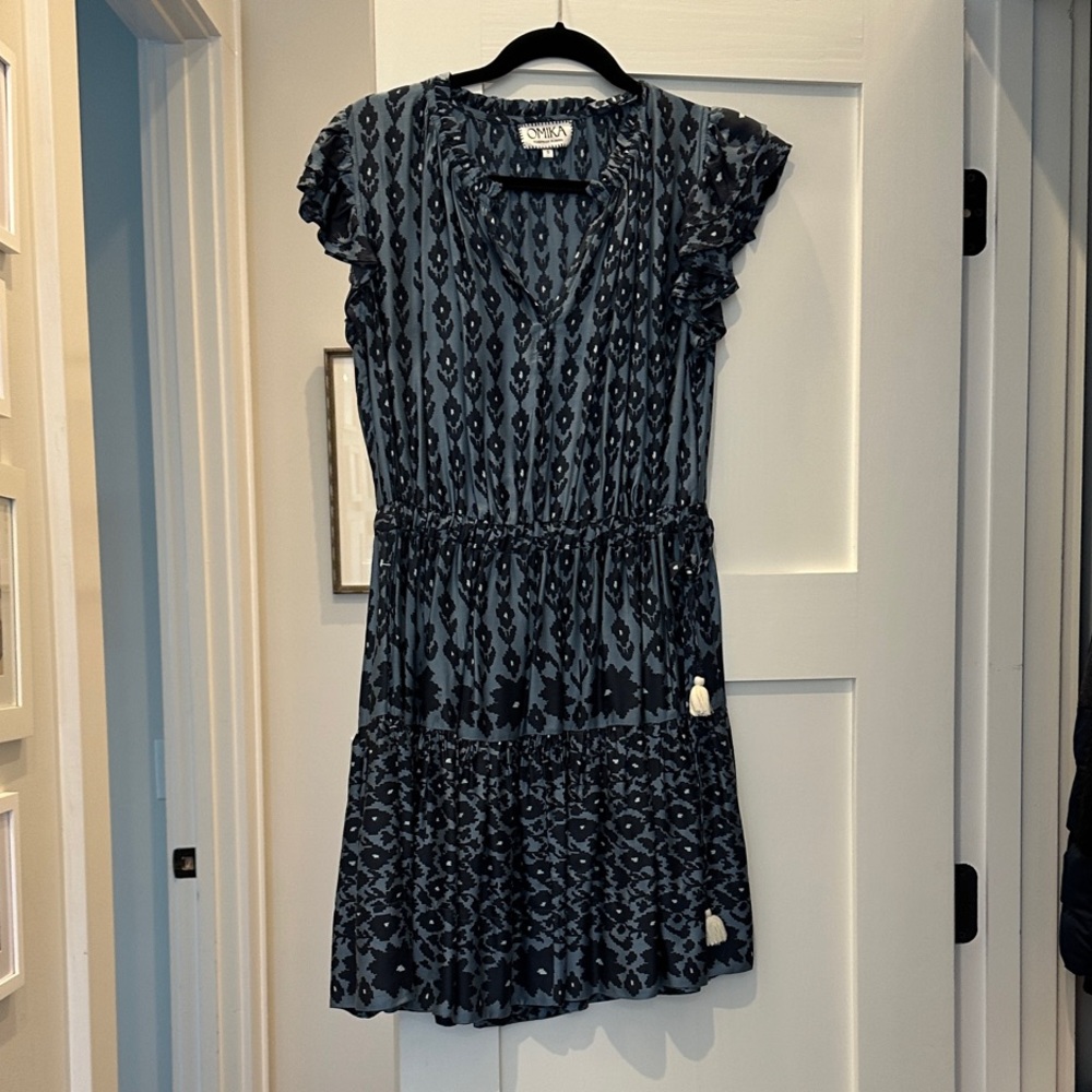 Vineyard Vines Navy Patterned Mini Dress with Ruffle Sleeves